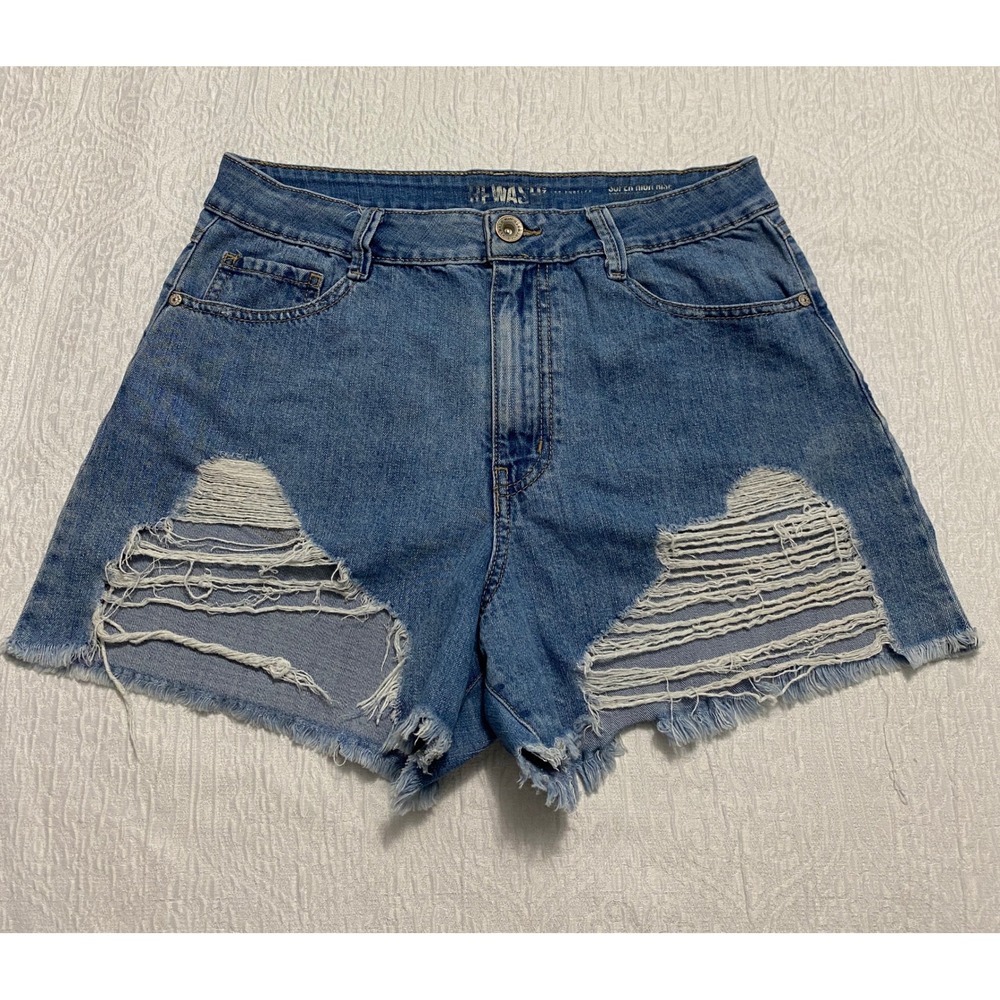 Rewash Bemore Distressed Ripped‎ Jean Shorts Size 30 Blue High Rise Frayed